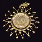 An 1893 gold half sovereign in 18ct gold pendant mount, 8.4g
