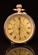 Unnamed 9ct gold keyless winding open faced pocket watch with Roman numerals, blued hands,