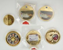 Six various oversized London Mint commemorative medallion coins, gold plated and coloured to include