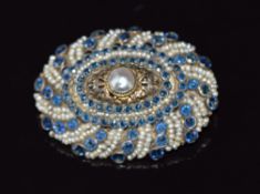 Austro-Hungarian brooch set with blue paste and seed pearls, 19.4g, 4.2 x 3cm