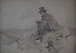 John Henry Mole (1814-1886) pencil and watercolour study of a man sketching in a Cumbrian landscape,