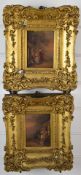Pair 19thC oil on board continental figure groups in doorways, both indistinctly signed to lower