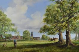 Susan Mary Webb (Irish, b 1962) oil on canvas horse riders and figures with church beyond, signed