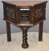 Oak side table with antique carved panels forming the doors and barley twist front legs, W92 x D38 x