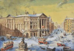 Anthony Fleming (b 1936) watercolour Eros, Piccadilly Circus, London circa 1920, with buses and