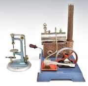 Wilesco model D16 stationary live steam engine with oscillating cylinder and whistle, together