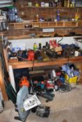 Tools including Delta bandsaw, Makita cordless drill, sheet metal rolls, spanners, files, socket