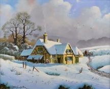 Peter Cosslett (born 1927) oil on canvas thatched cottage in the snow, signed lower left, 40 x 50cm,