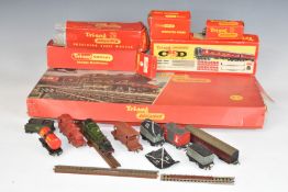A collection of Hornby Dublo and Tri-ang 00 game model railway locomotives, coaches, rolling stock