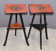 Two hand decorated lacquer cricket side tables, height 51cm