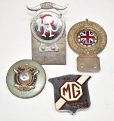 Three vintage or classic car badges comprising RAC example numbered N49168, with enamel centre and