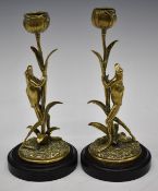 Pair of Victorian brass and black marble novelty candlesticks formed as foliage with frogs jumping