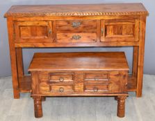 A contemporary hardwood buffet with undershelf and matching low chest, W122 x D36 x H81cm