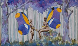 Art Deco watercolour of two winged angels or nude ladies, indistinctly signed lower right possibly