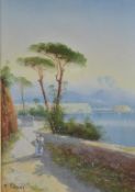 M. Gianni Italian watercolour/gouache landscape, lady walking along a coastal road with Vesuvius and