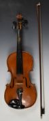 Mid 20thC violin with bridge and post in place, fitted with new Dogal strings, 35.5cm two piece