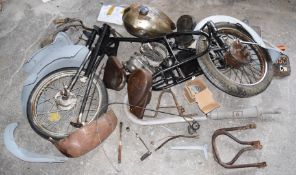 1950 Peugeot 125cc two stroke motorcycle project, with plunger type suspension. Dismantled by a