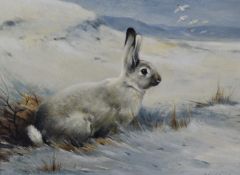 John Edwards (b 1940) oil on board hare in a snowy winter landscape with birds in flight beyond,