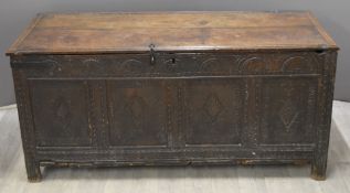 18thC large carved elm coffer, W141 x D58 x H66cm