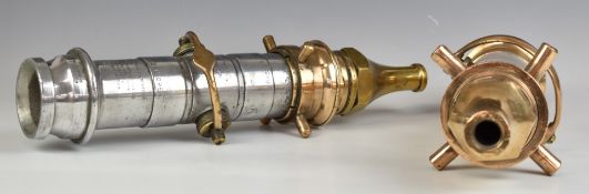 Two fire hose nozzles and valves, one WW2 interest dated 10/41 to the nozzle, the other aluminium