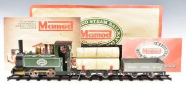 Mamod live steam model railway set with 0-4-0 locomotive, open wagon and lumber truck, RS1, in