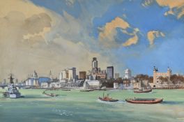 Anthony Fleming (b 1936) watercolour London skyline from the Thames riverbank, with HMS Belfast