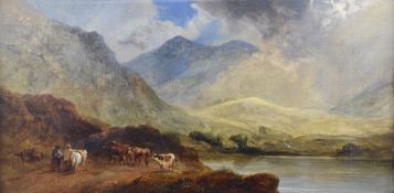 George Shalders (1825-1873) oil on canvas highland loch scene with cattle being driven along the