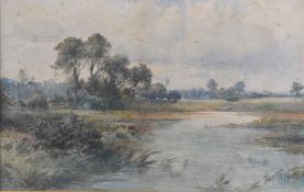Albert Pollitt (1856-1926) watercolour landscape, meandering river with meadows beyond, signed and