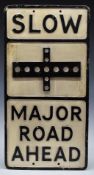 Cast aluminium 'slow, major road ahead' road sign, with applied reflective discs, 70 x 36cm