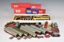 A collection of Hornby Dublo 00 gauge model railway coaches, wagons, vans, rolling stock and