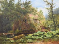 R Walker 19thC oil on canvas landscape with mill or similar building and ducks on pond, signed lower