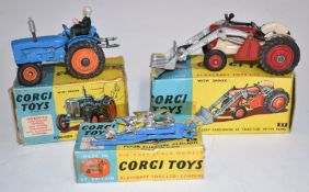Three Corgi Toys diecast model vehicles Massey-Ferguson 65 Tractor with Fork 57, Fordson 'Power
