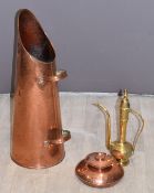 Bruce Russell, Guernsey copper craft oval scuttle and pedestal dish and a brass rose water