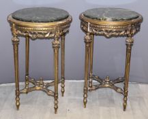 Pair of French giltwood circular marble topped tables, diameter 41 x H72cm