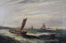 E.W.Rogers 19th or early 20thC maritime scene with fishing boat and steam ships by the shore, signed