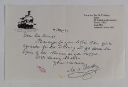 The Rev. Awdry [Creator of Thomas Tank Engine] signed autograph letter to Mrs. Merrett (Anne