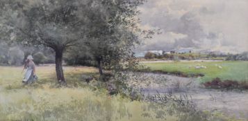 Thomas Mackay (1851-1920) watercolour landscape 'A Breezy Day', girl walking by a river with sheep