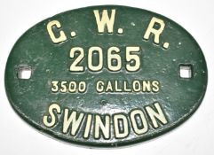 GWR 3500 gallon steam railway locomotive tender plate, number 2065, W21cm