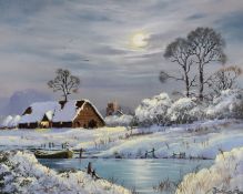 Peter Cosslett (born 1927) oil on canvas barn beyond a lake with rowing boat in the snow and