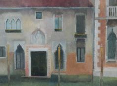 Susan Caines RWS (b 1935) gouache Venetian scene 'Facade and Canal', signed lower right, 28 x
