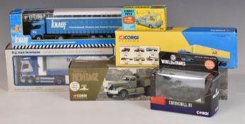 Six Corgi diecast model vehicles including Heritage Collection, Musical Wall's Ice Cream van on Ford