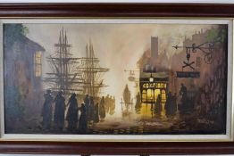 Don Hughes / Delon oil on canvas dockside scene with figures, carriages and shops at evening, signed