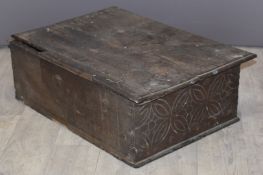 Antique oak carved bible box, W 60 x D41 x H19cm