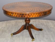 Parquetry and marquetry drum table, purchased by the vendor from Harrods, diameter 122 x height