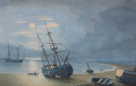 E.J. Pasquier Victorian maritime watercolour 'Unloading Coal at Shoreham by Moonlight', indistinctly
