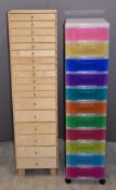 Modern set of collector's or similar drawers, height 132cm together with a multi coloured plastic