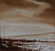 Ashley Jackson (b 1940) watercolour of a moorland scene with birds, signed lower right, 20 x 21cm,