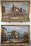Burnett pair of oil on canvas French street scenes, both signed to lower edge, 60 x 90cm, in gilt