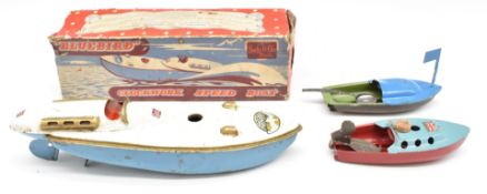 Sutcliffe Bluebird clockwork tinplate speed boat, together with two similar tinplate speed boats.