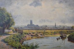 J Kemp oil on canvas Gloucester Cathedral from the River Severn, signed lower left, 30 x 45cm, in